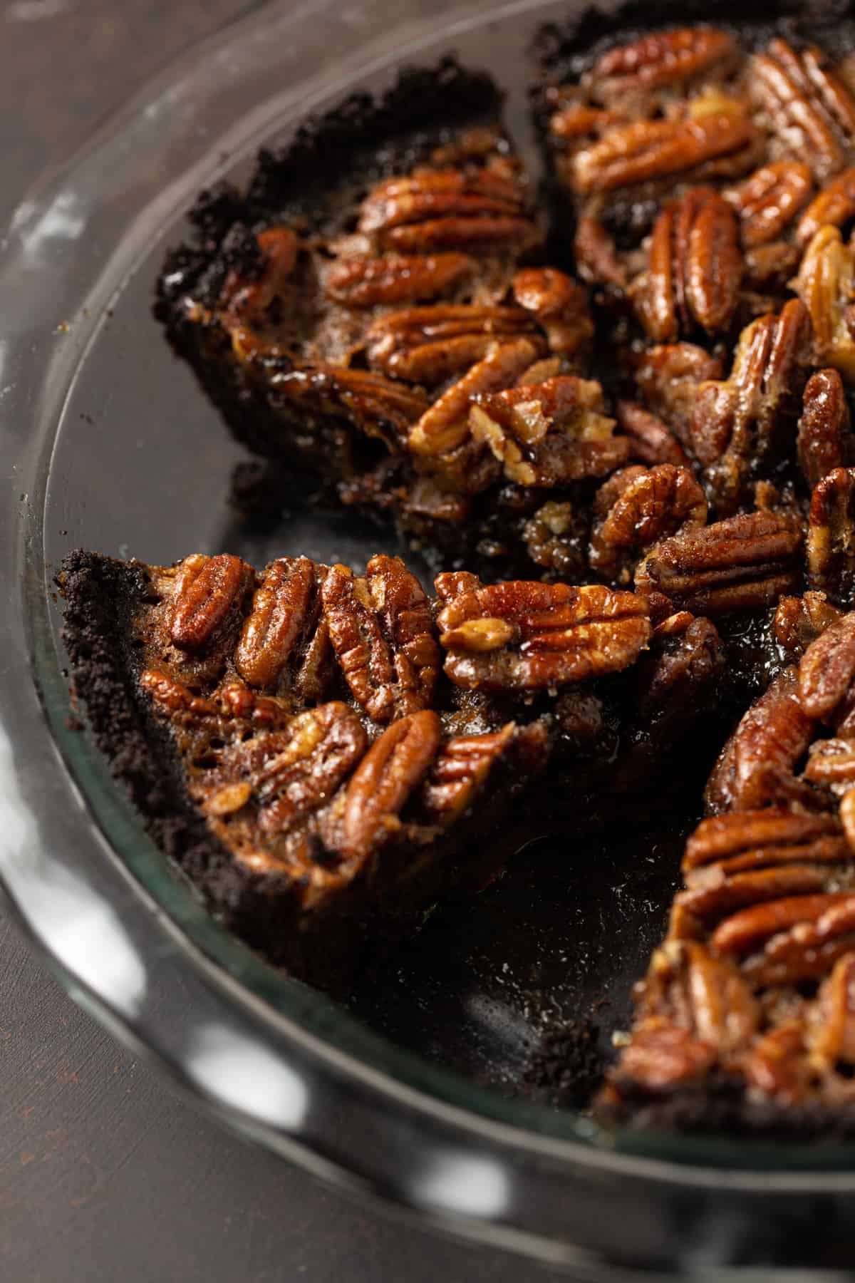 A pan filled with  pecan pie.