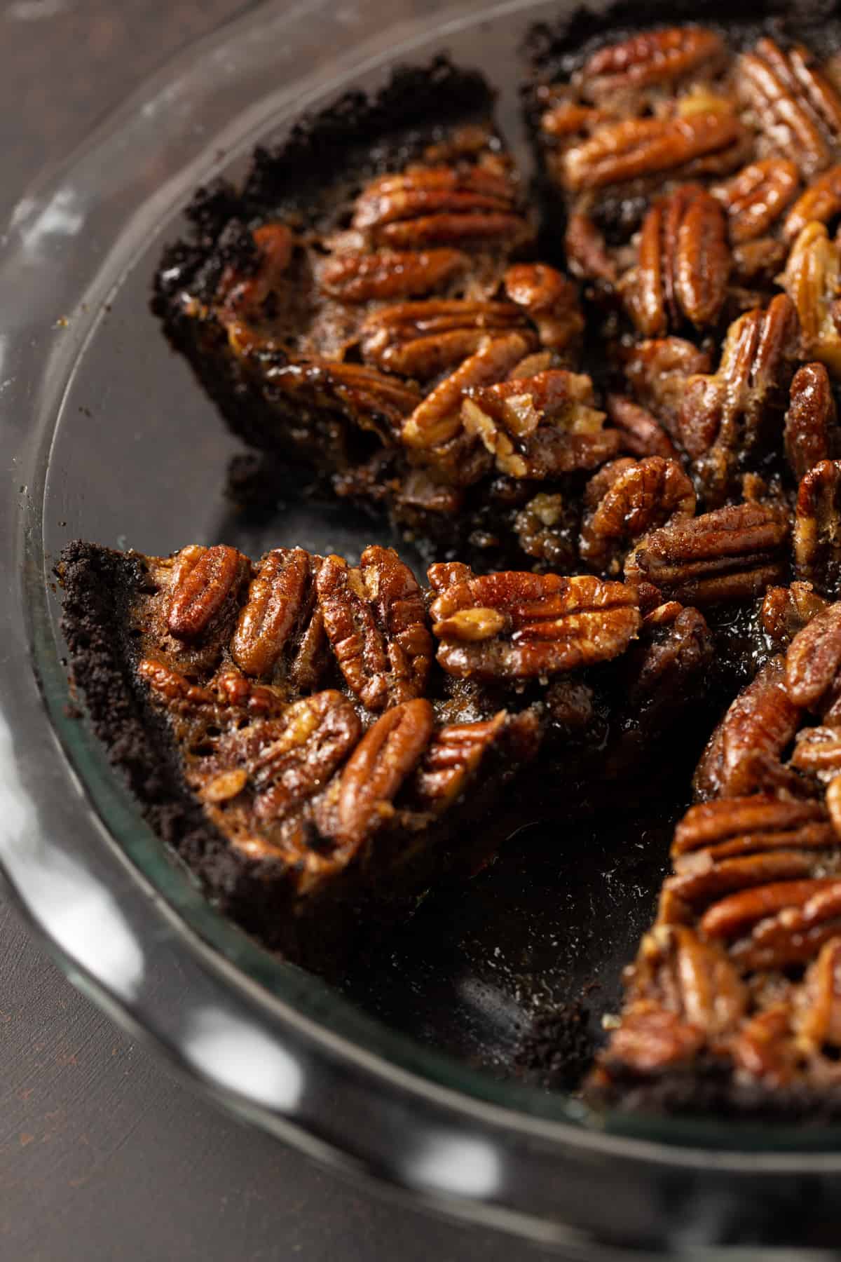 A pan filled with pecan pie.