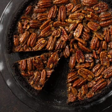 close up of pecan pie with chocolate crust.