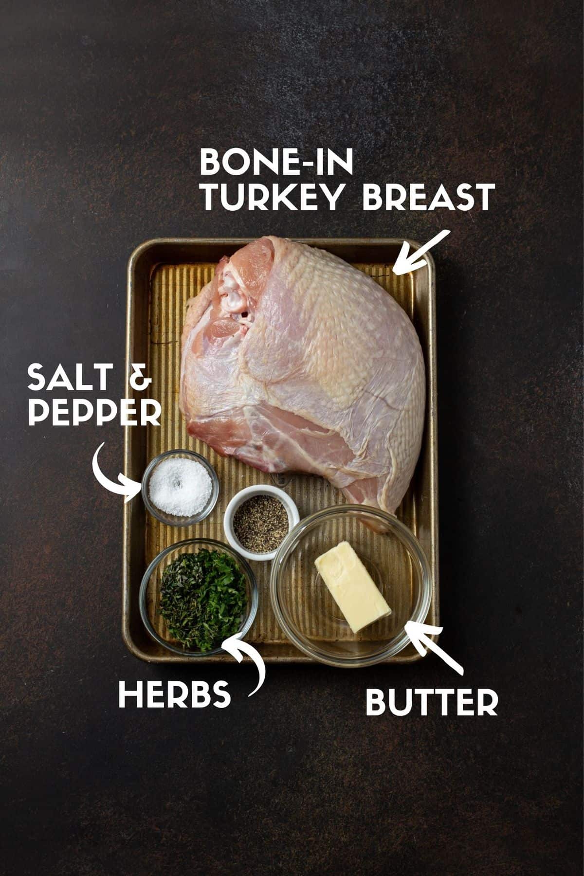 Diagram of ingredients for turkey breast with salt, pepper, herbs and butter.