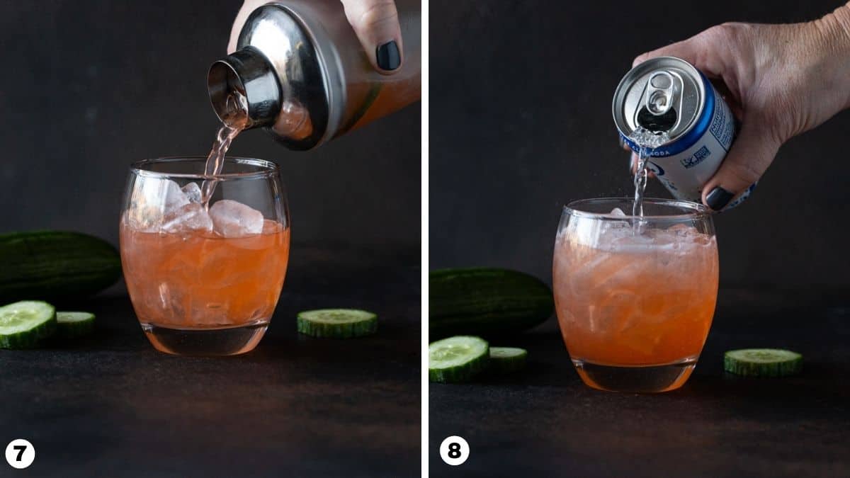 Shaker pouring orange drink into glass and club soda being poured on top.