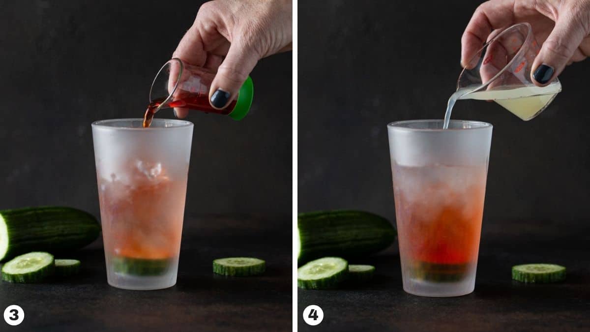 shaker filled with ice, aperol and lime juice.