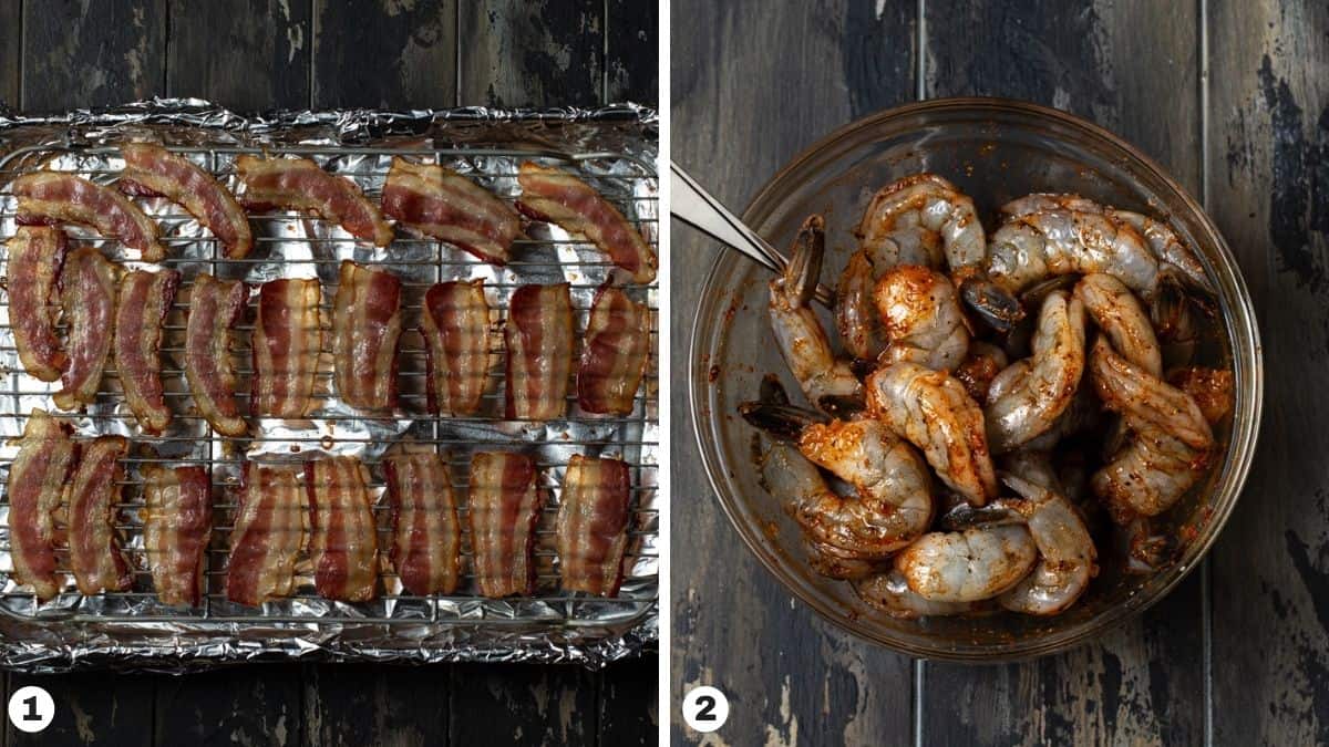 bacon on sheet pan and shrimp in bowl.