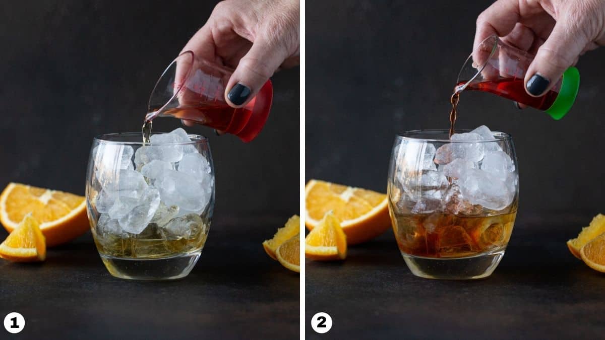 Hand pouring bourbon and Aperol into ice-filled lowball glass. 