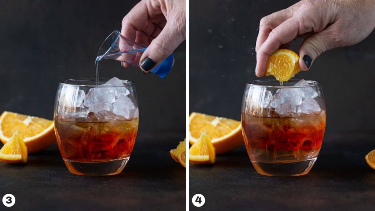 Hand pouring simple syrup and squeezing orange wedge into glass. 