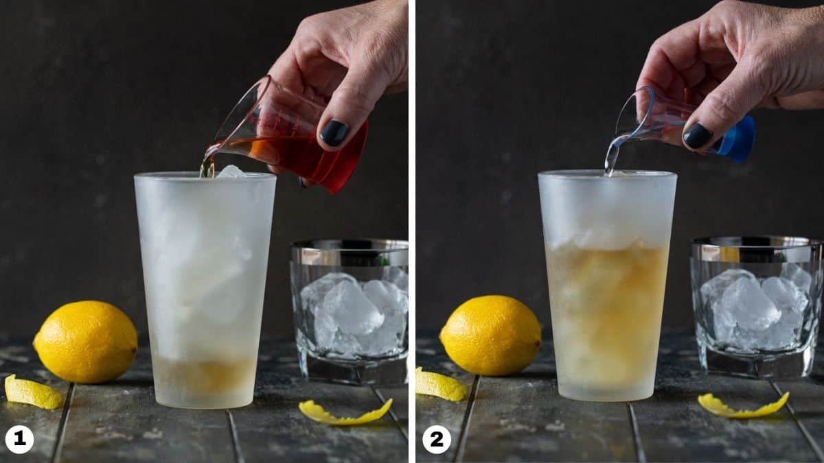 Pouring drink ingredients into cocktail shaker.