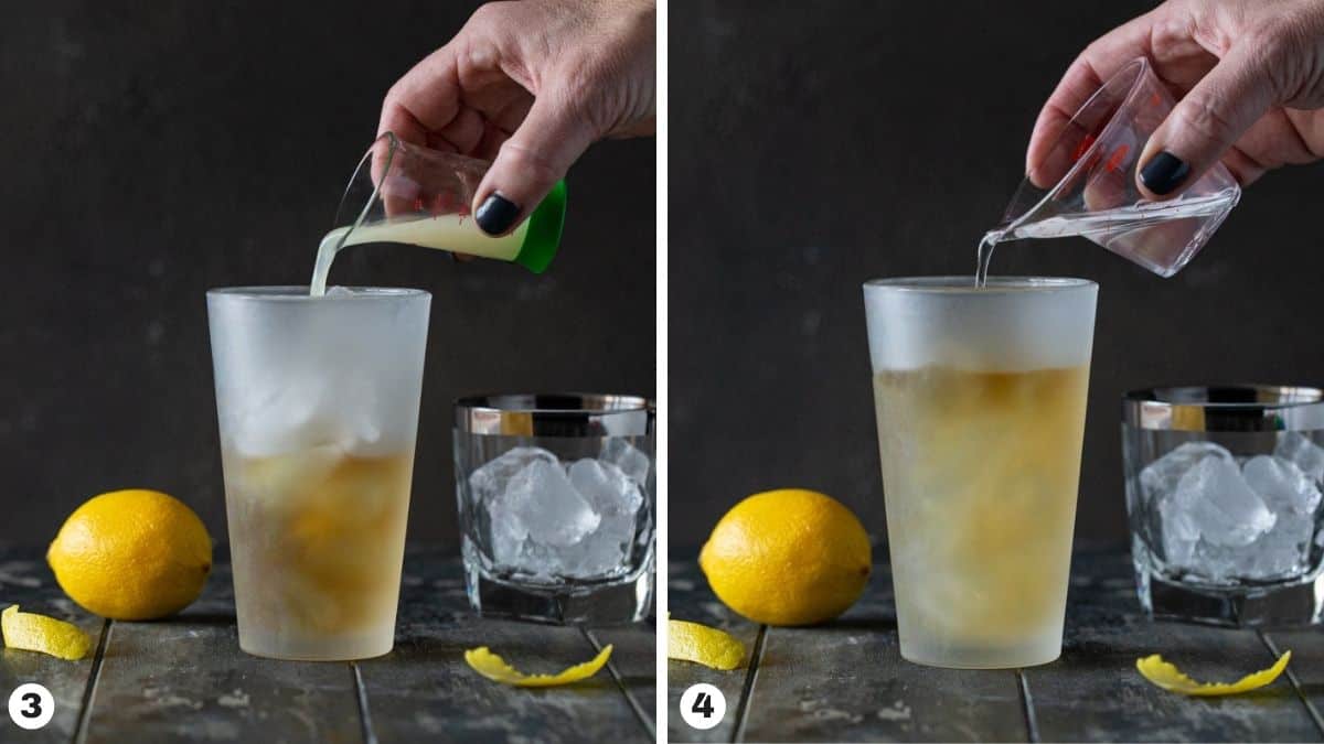 Hand pouring ingredients into cocktail shaker. 