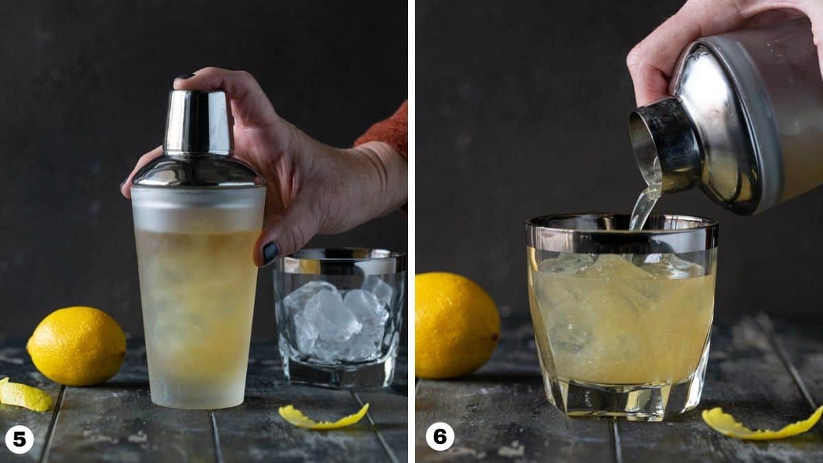 Hand on cocktail shaker and pouring drink into glass. 