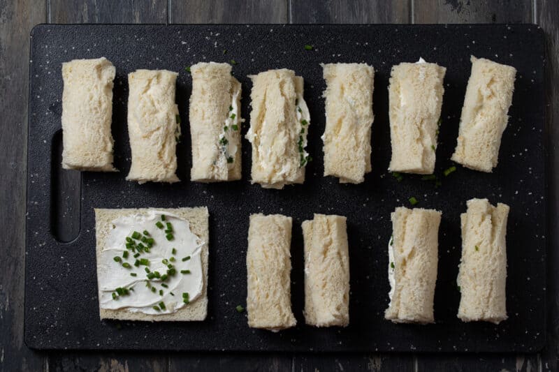 rolled bread filled with cream cheese and chives.