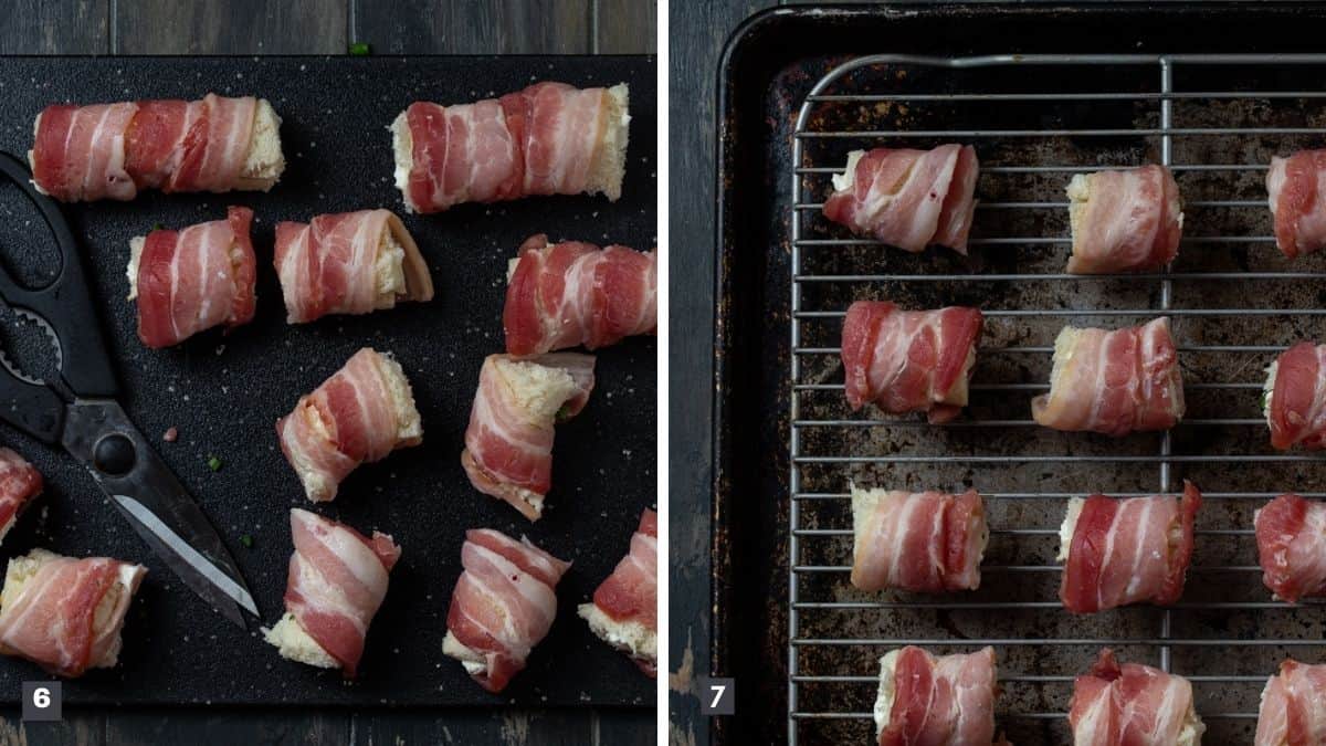 Rolled pieces of bread with bacon cut in half and on baking sheet.