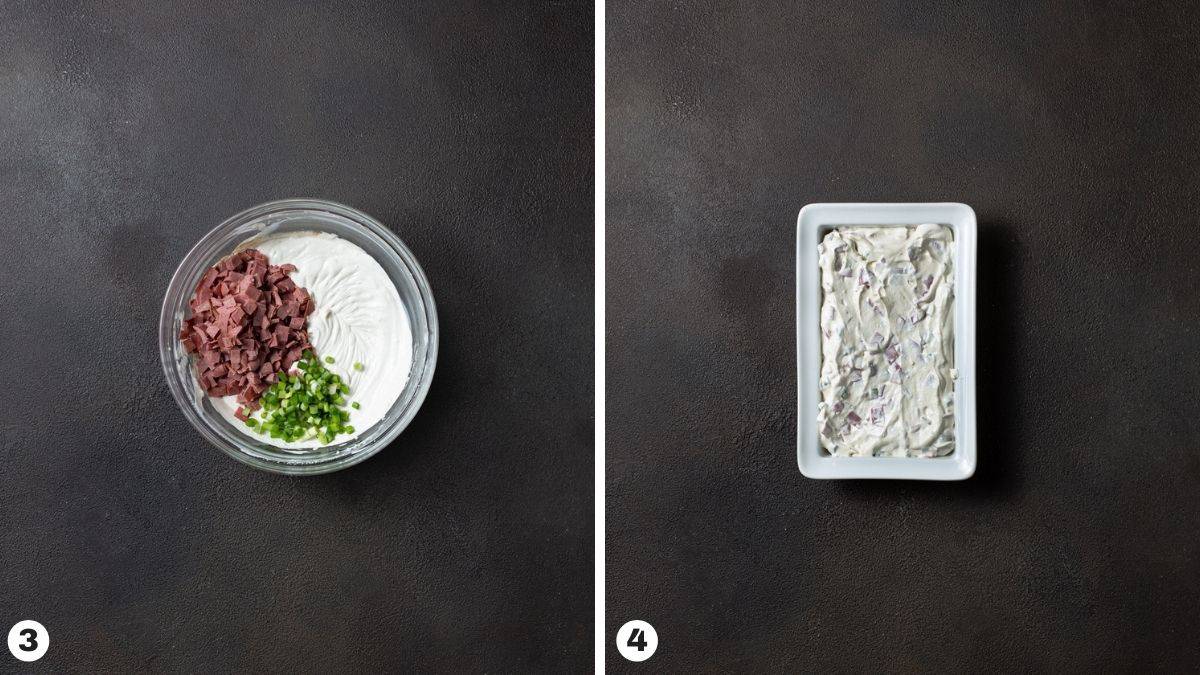 bowl full of cream cheese, sour cream, chipped beef and green onions. Dip in baking dish.