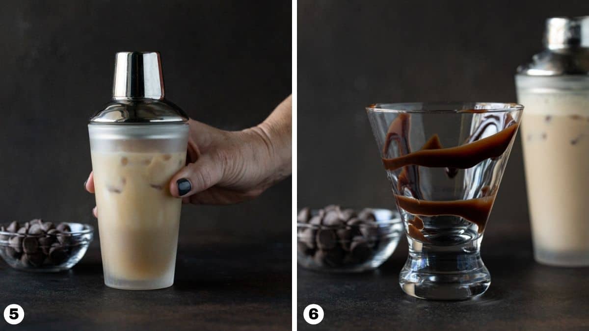 Hand holding shaker and cocktail glass swirled with chocolate sauce. 