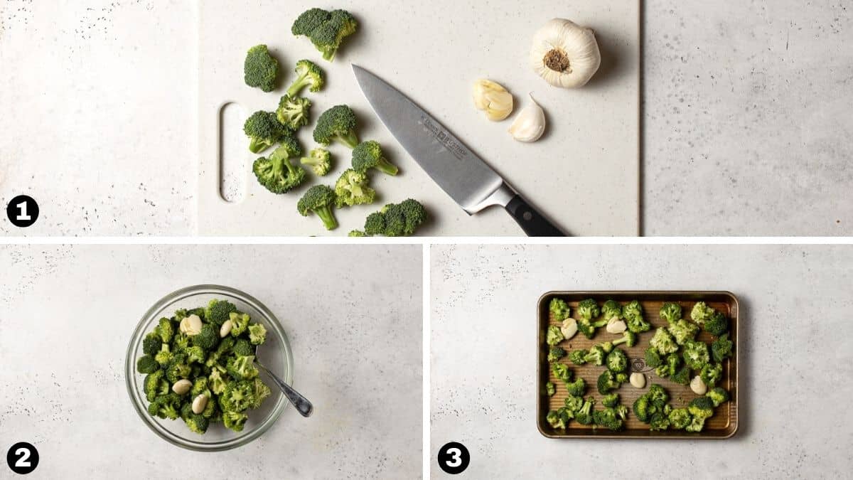 Steps 1-3 for making roasted broccoli. 