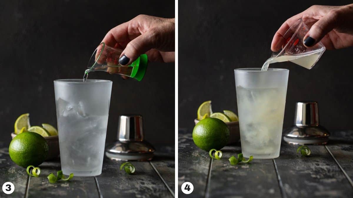 person adding elderflower and sweet and sour to cocktail shaker.