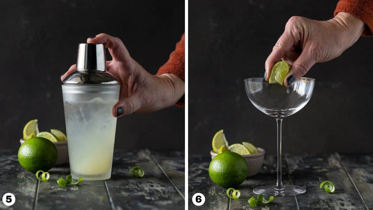 person holding cocktail shaker and person squeezing lime wedge into glass.