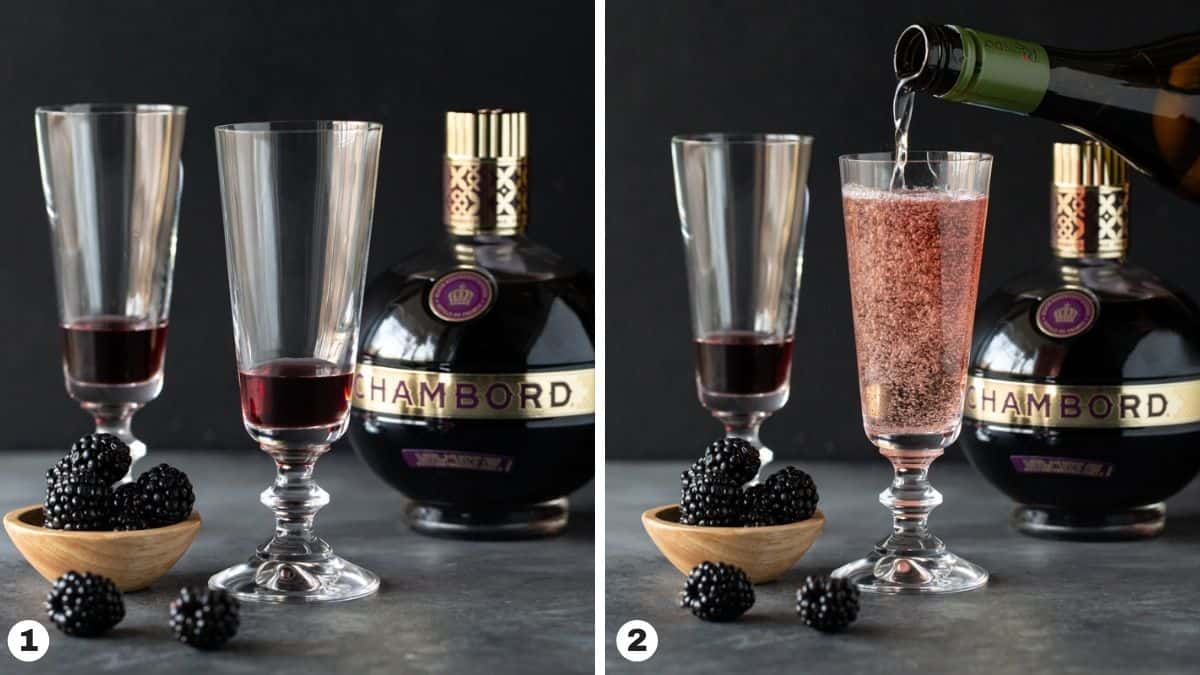 Steps 1-2 for making Kir Royale. 