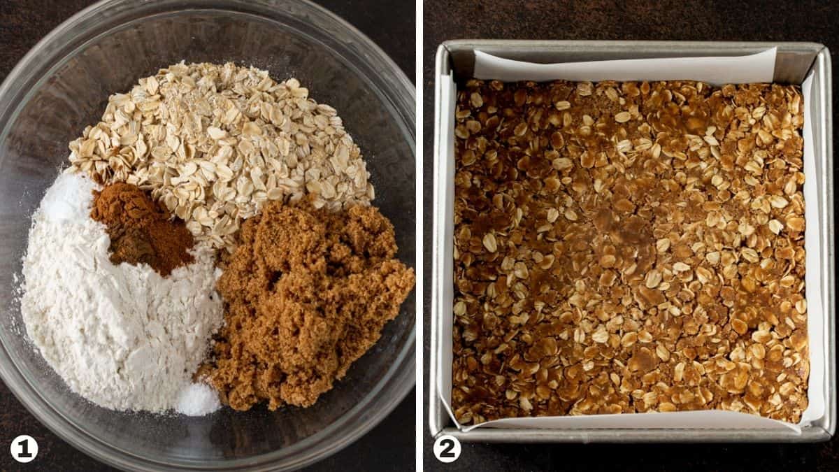 Apple bar crust ingredients in glass bowl. Apple bar crust pressed into pan. 