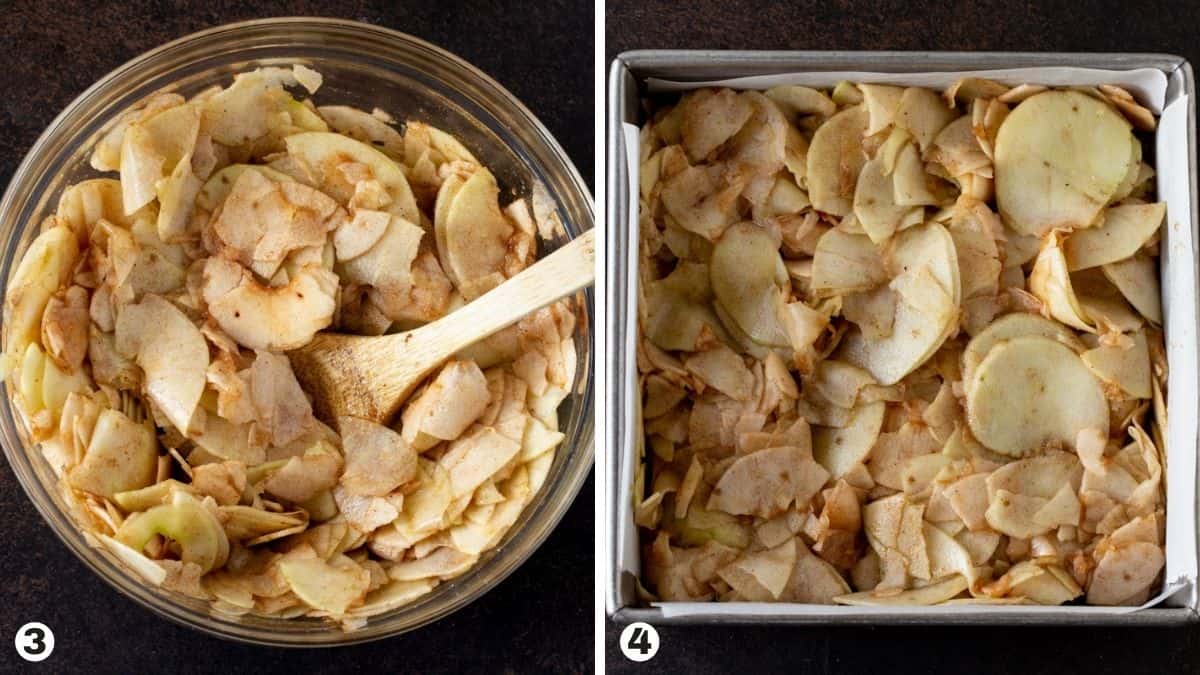 Seasoned sliced apples in glass bowl and then put into prepared pan.