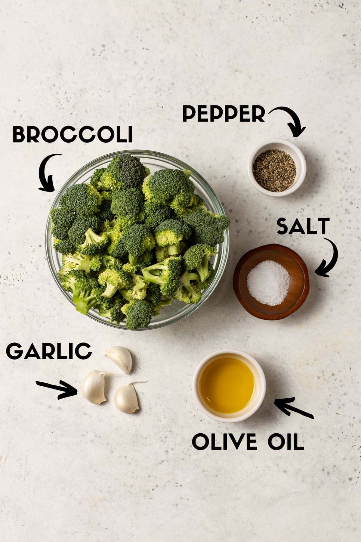 Roasted broccoli ingredients in bowls. 