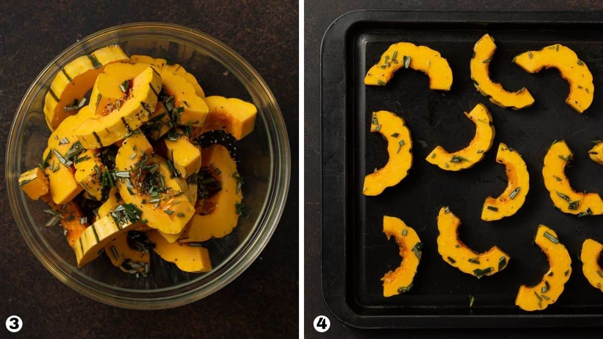 Steps 3-4 of roasted delicata squash. 