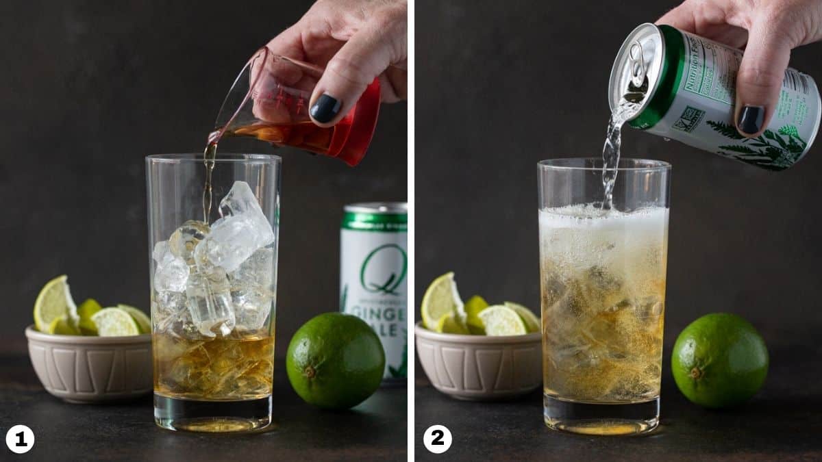 Hand pouring whiskey into glass and pouring ginger ale into glass. 