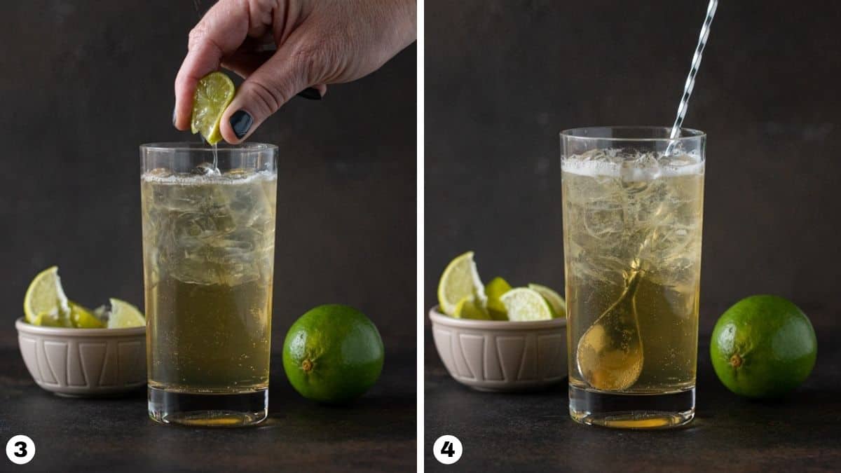 Hand squeezing lime wedge into glass and stirring drink. 
