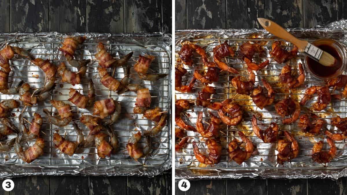 shrimp on baking sheet, with barbecue sauce.