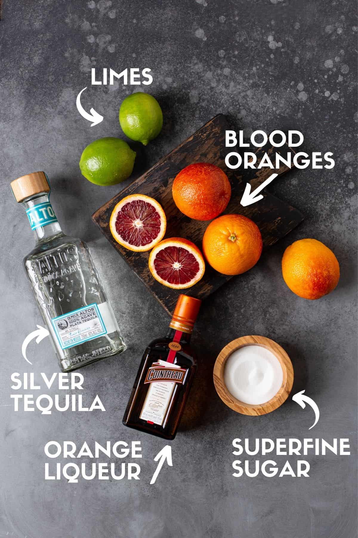 Margarita ingredients, including citrus juices, tequila and orange liqueur. 