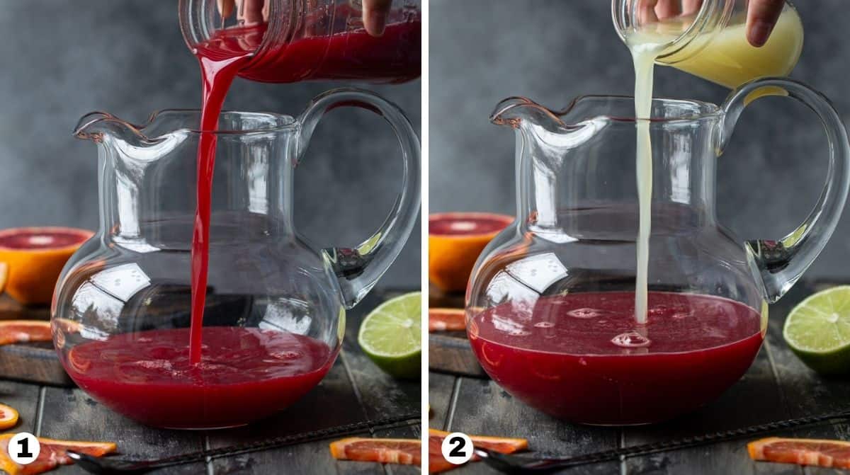 Hand pouring fresh juices into a pitcher. 