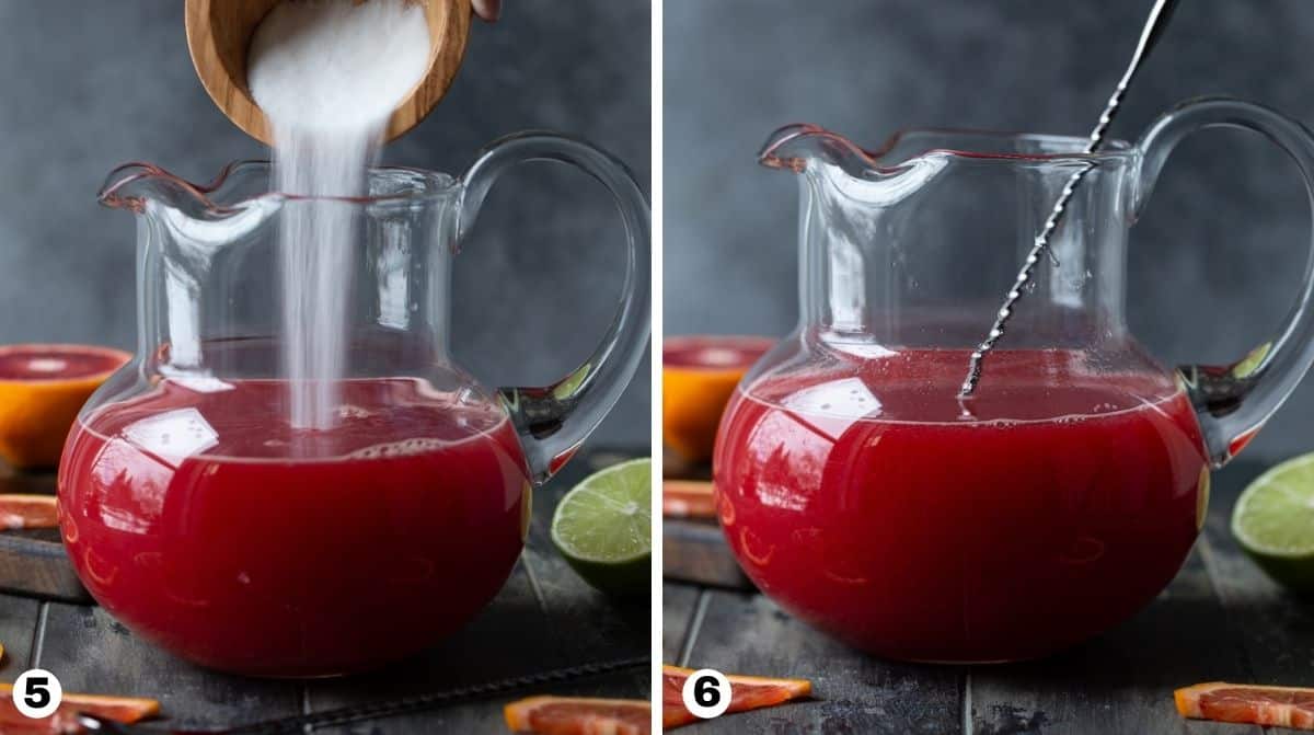 Hand pouring sugar into a pitcher and stirring with a bar spoon. 