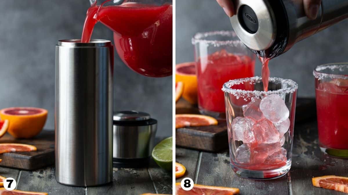 Hand pouring blood orange margaritas into cocktail shaker and pouring into ice filled glass. 