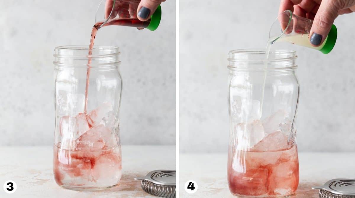 Hand pouring juices into mason jar filled with ice. 
