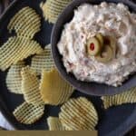 Dip in bowl on plate with chips.