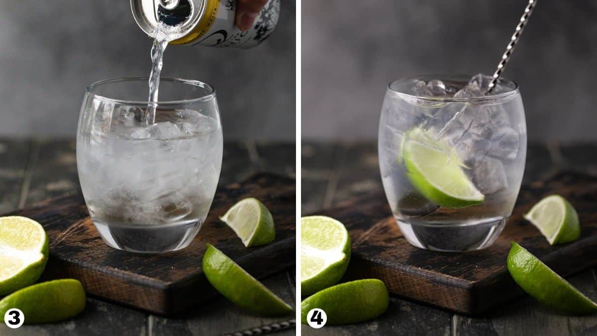 Hand pouring tonic water into ice filled lowball glass and stirring with bar spoon.