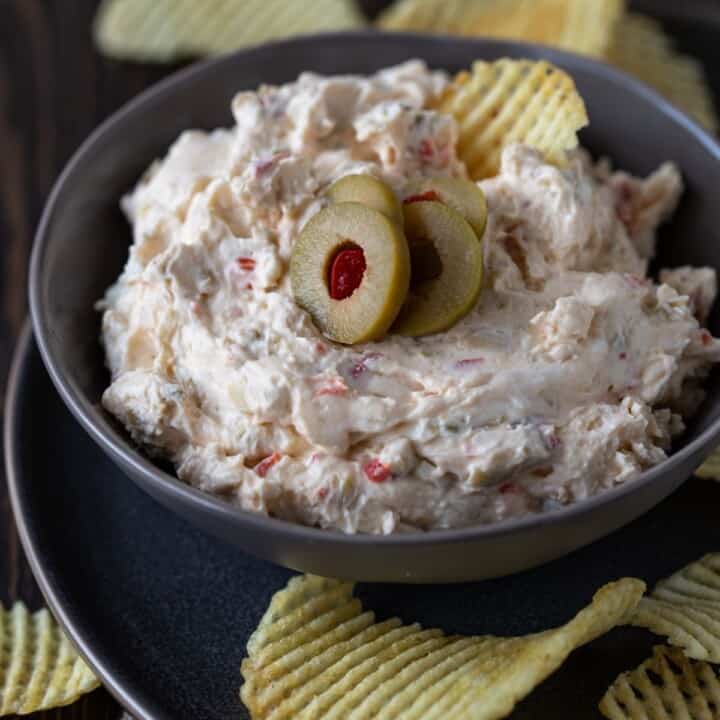 Easy Green Olive Dip (0nly 5 ingredients!) Garnish with Lemon