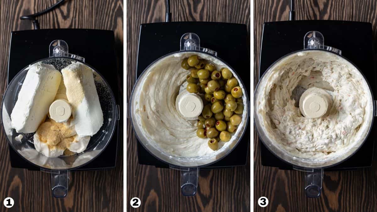 steps 1-3 of making green olive dip.