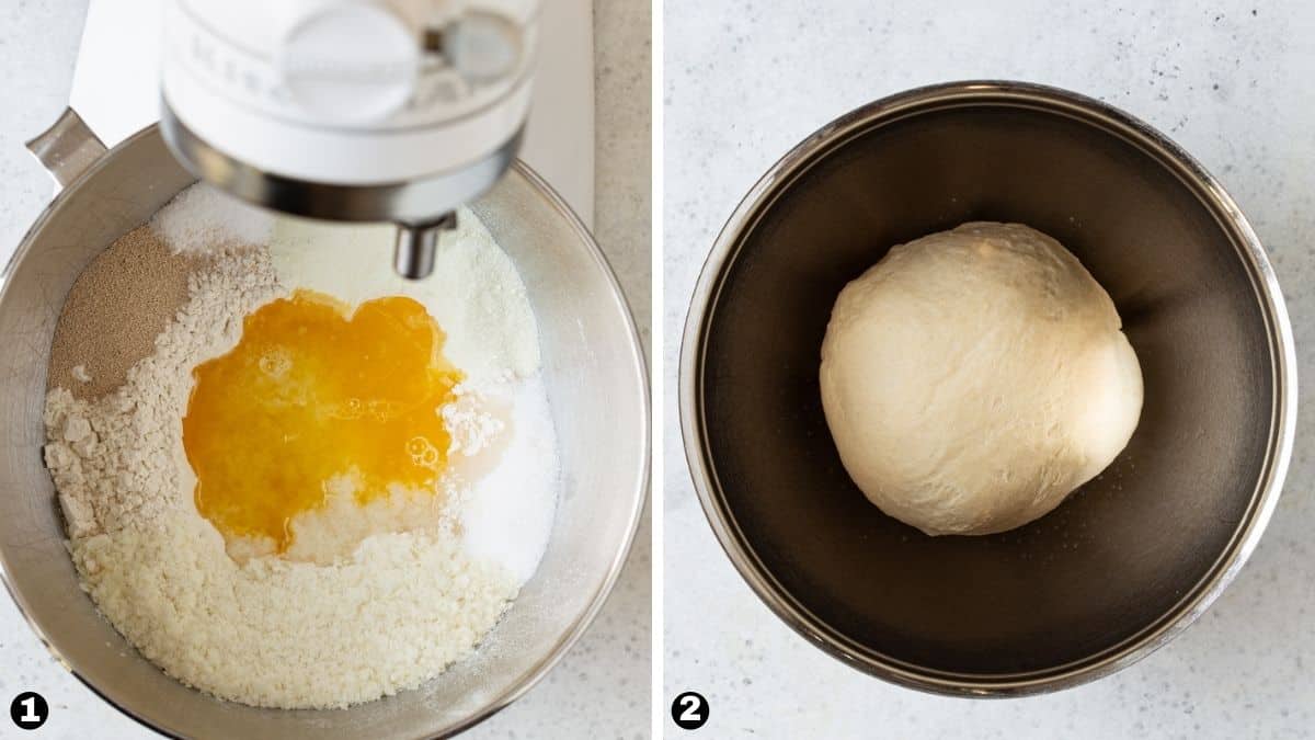 Dinner roll ingredients in bowl of stand mixer. 