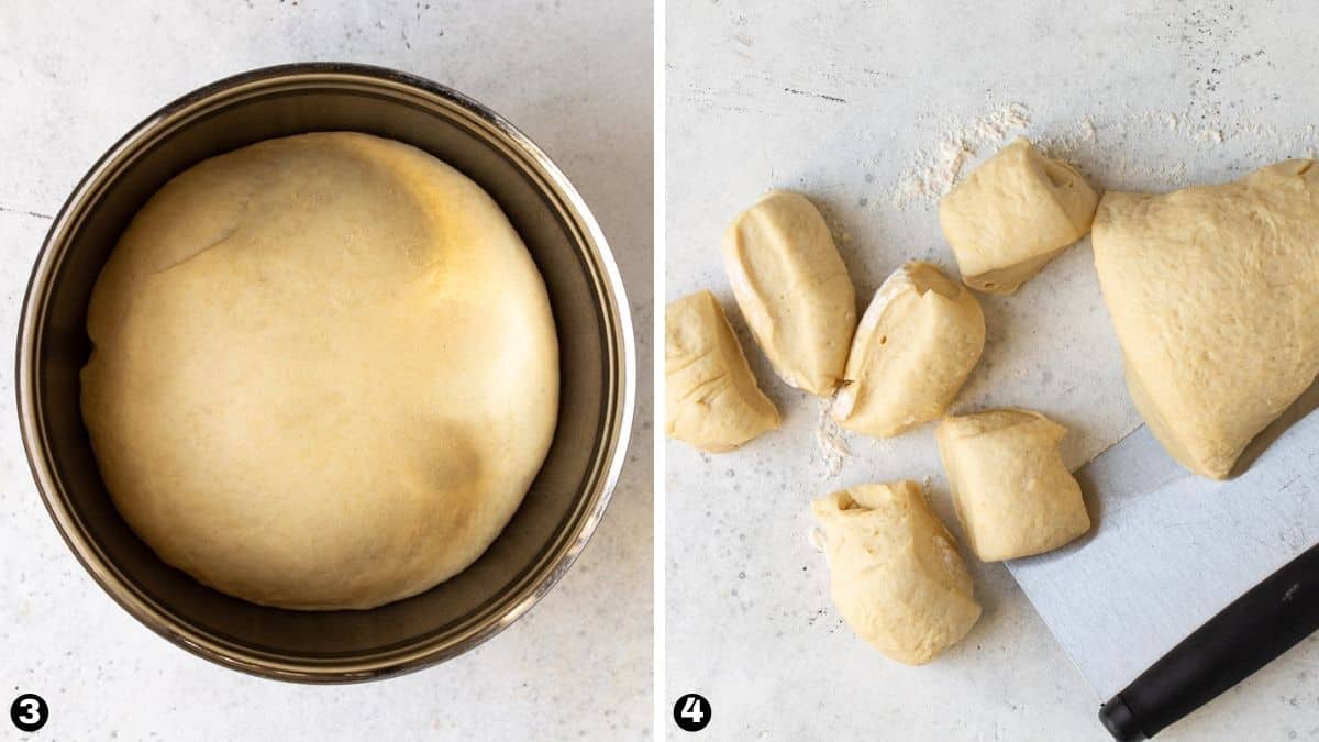 Dinner roll dough in bowl and cut into pieces. 