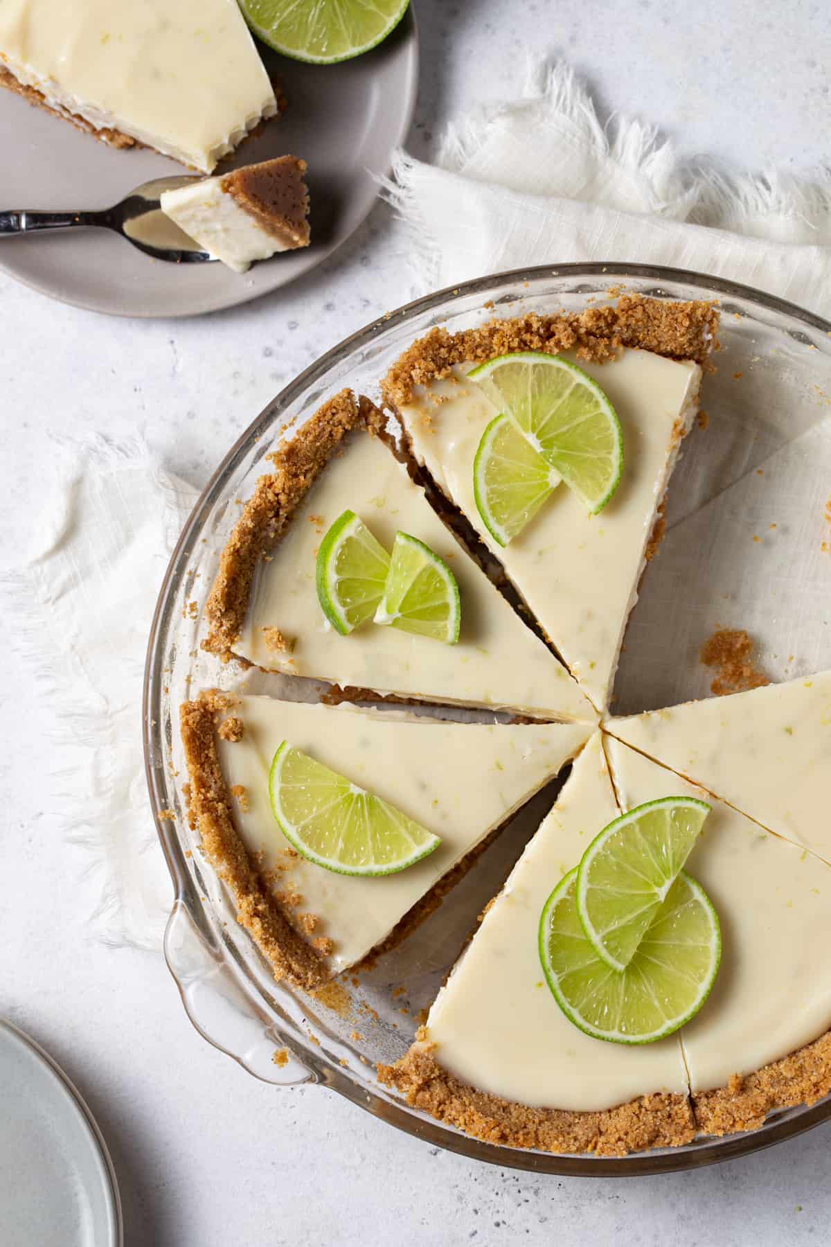 pie in glass baking dish cut into slices.