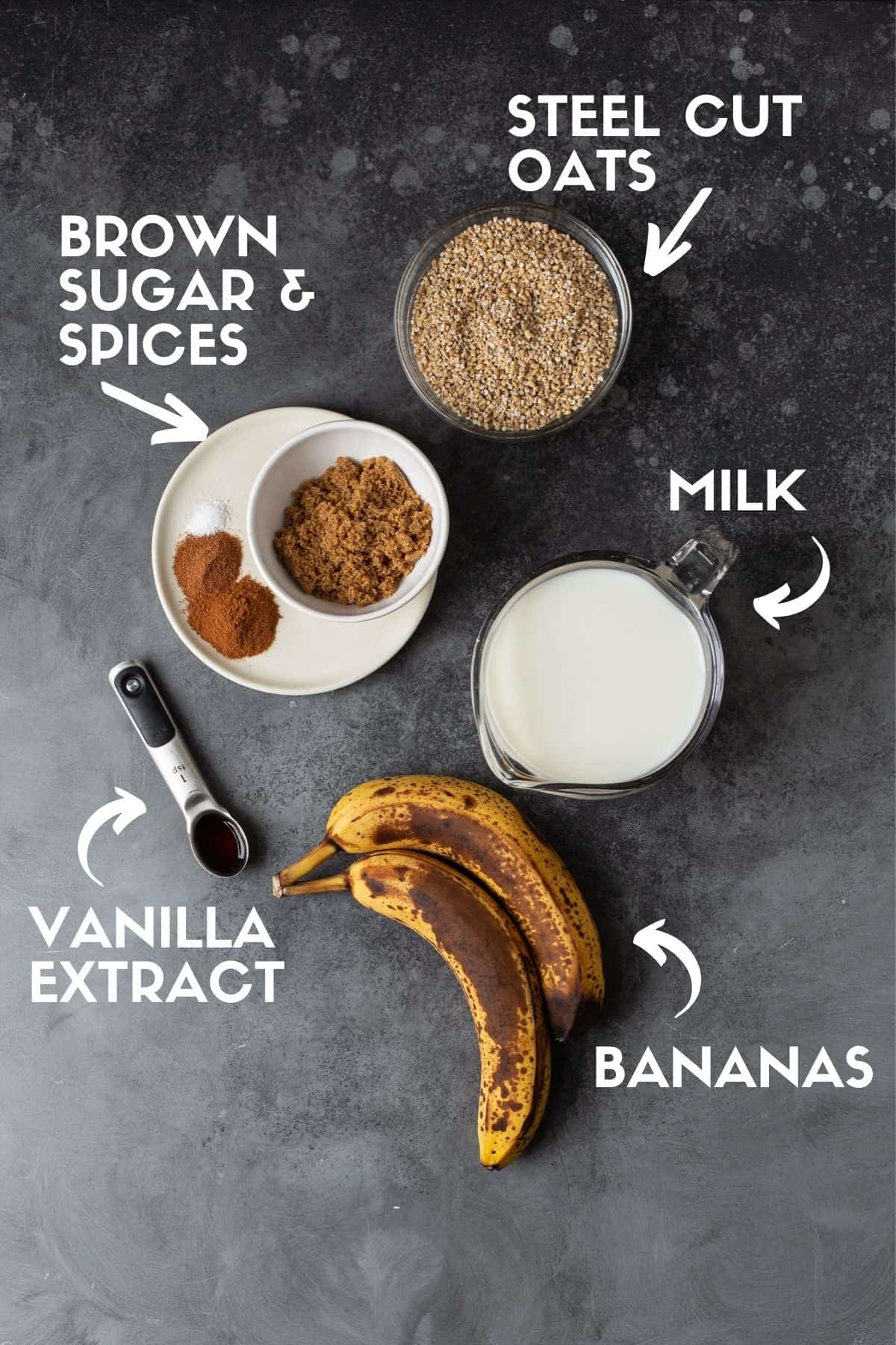 Ingredients for oatmeal, including steel cut oats, bananas, milk, sugar & spices. 