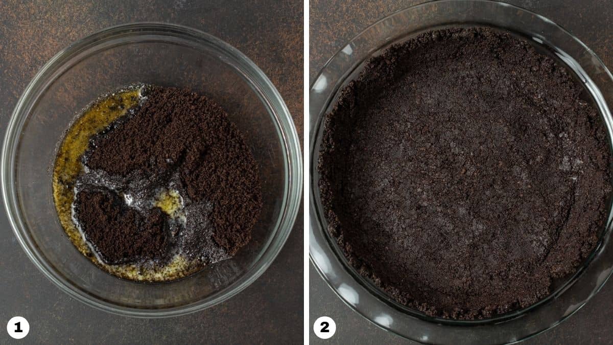 Chocolate cookie crumbs mixed with butter pressed into a glass pie plate. 