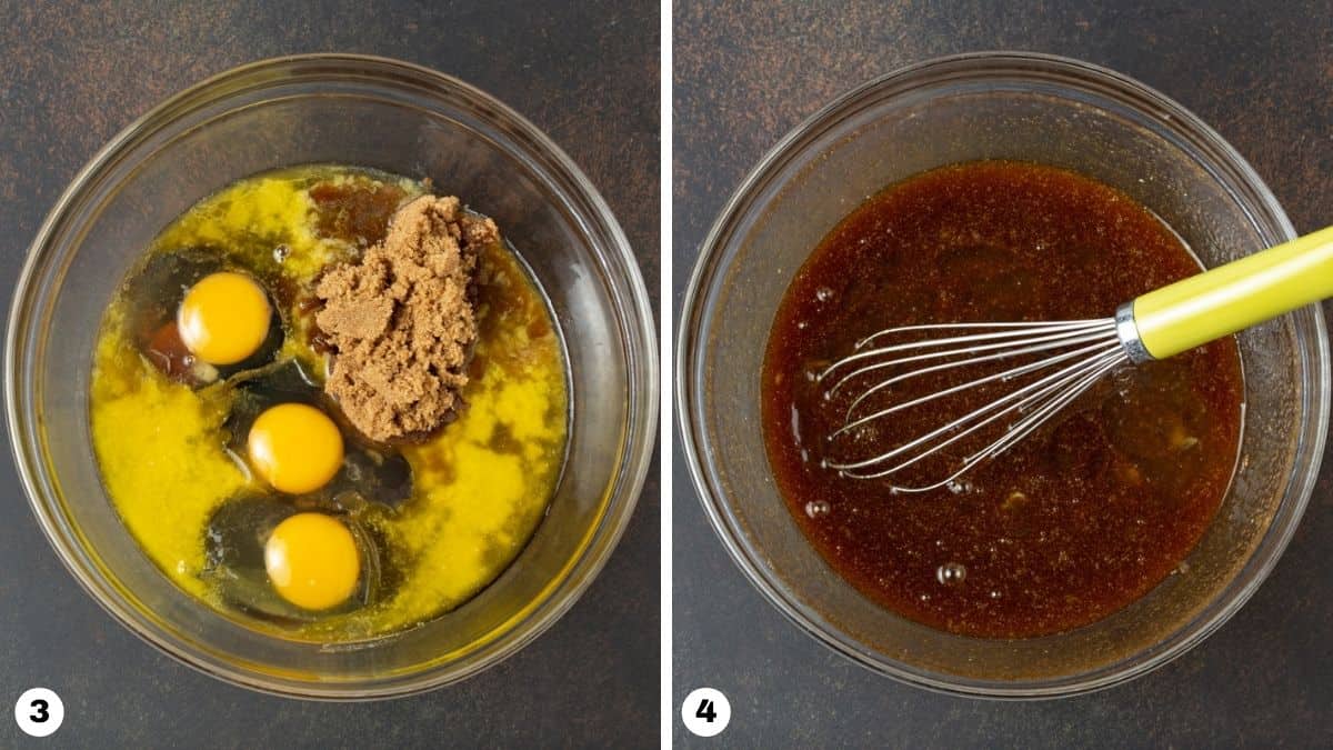 Eggs, butter, corn syrup, brown sugar and molasses mixed together in glass bowl. 