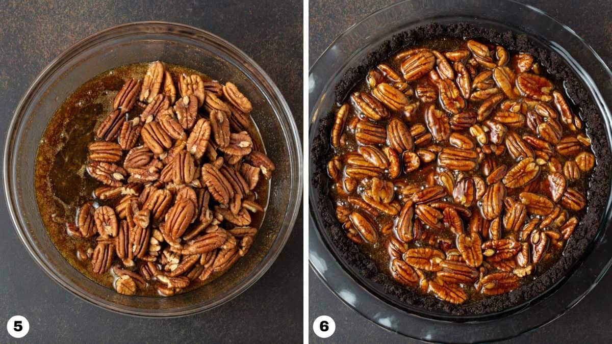 Pecan pie filling in bowl and poured into cookie crust. 