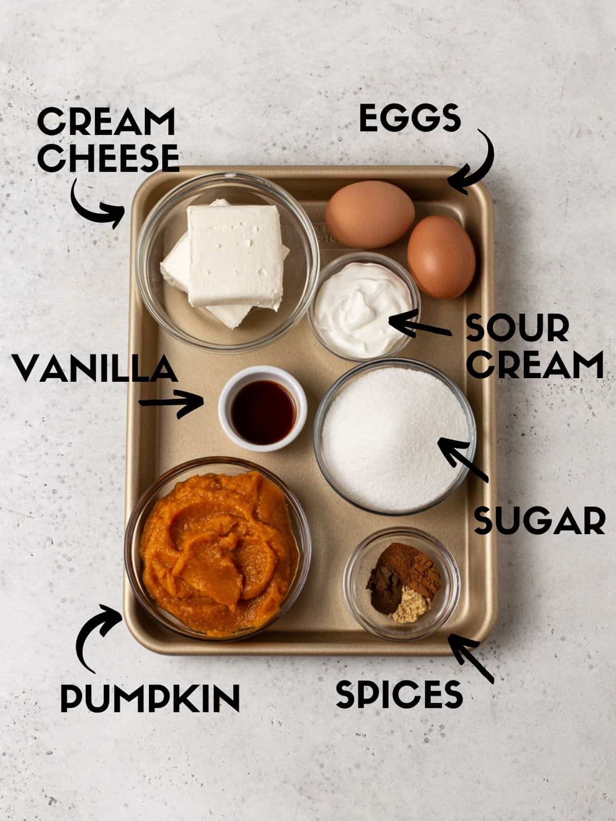 Ingredients for layered pumpkin cheesecake pie filling. 