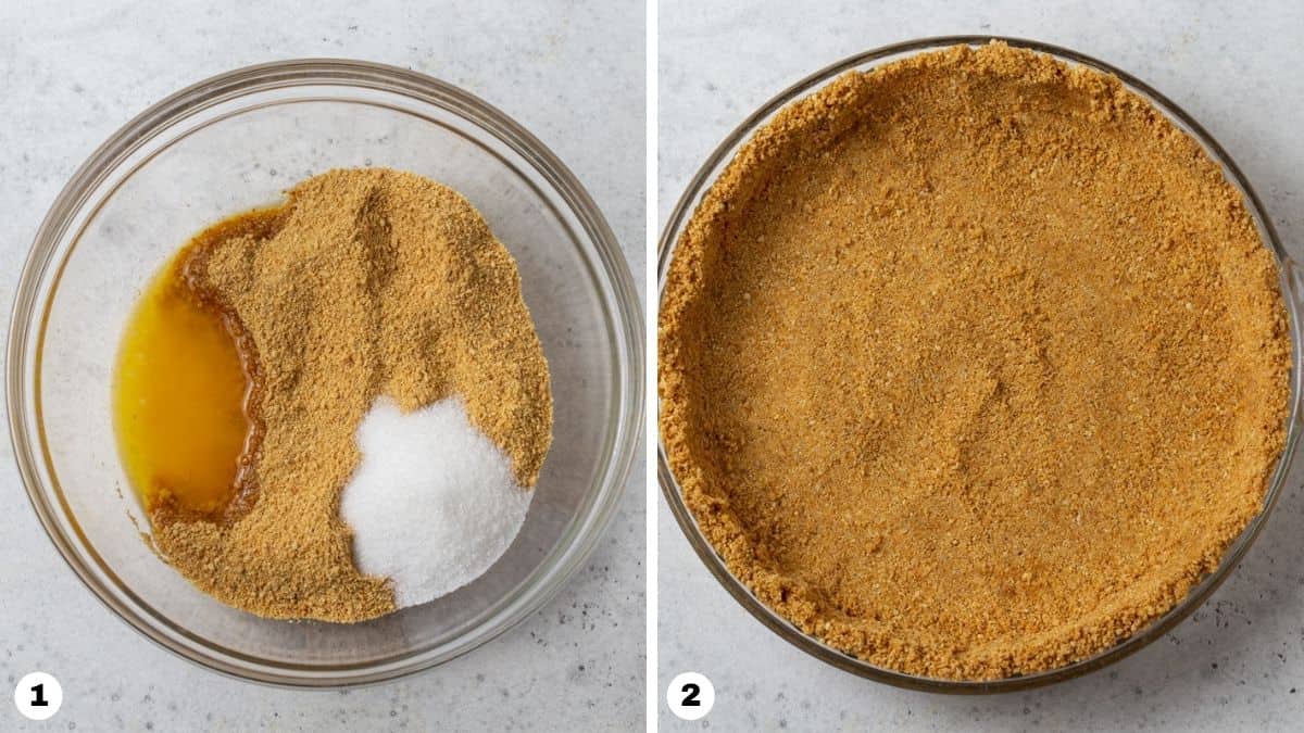 Steps 1 and 2 for making graham cracker crust. 