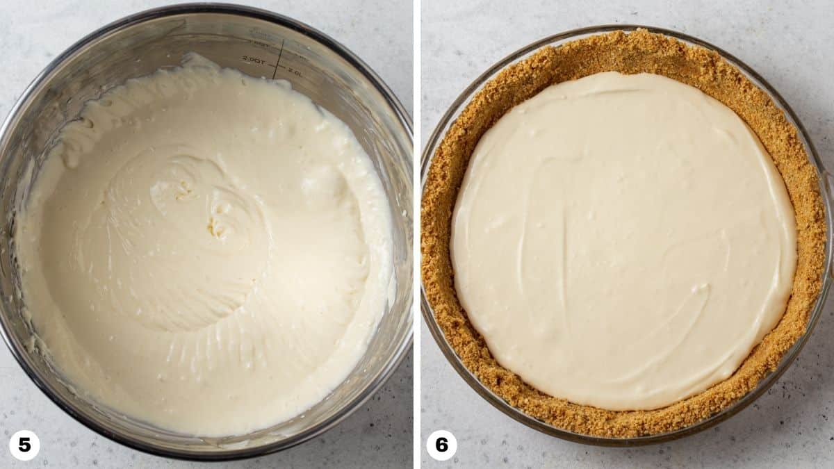 Steps 5 and 6 for making Layered Pumpkin Cheesecake Pie.