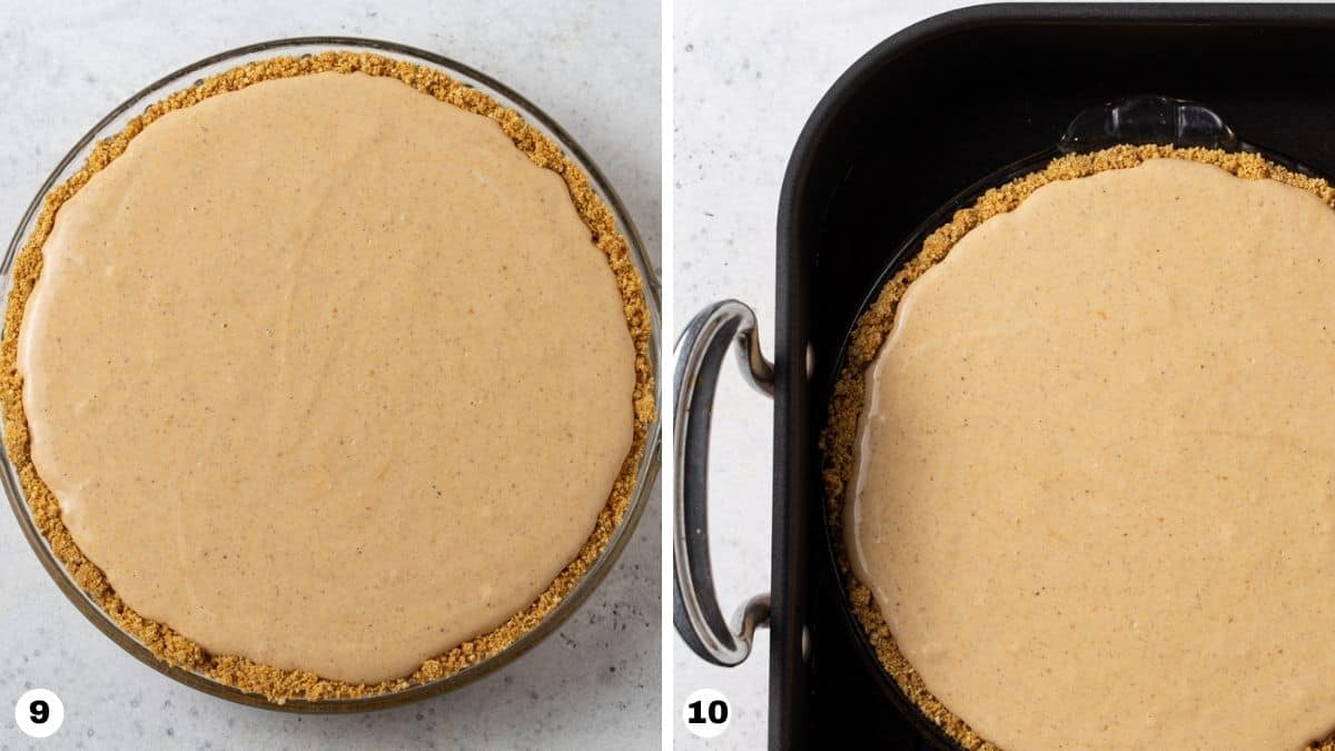 Steps 9 and 10 for making Layered Pumpkin Cheesecake Pie.