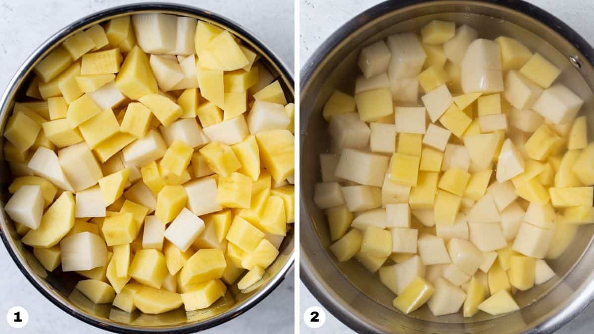 Cubed potatoes in a pot of water. 