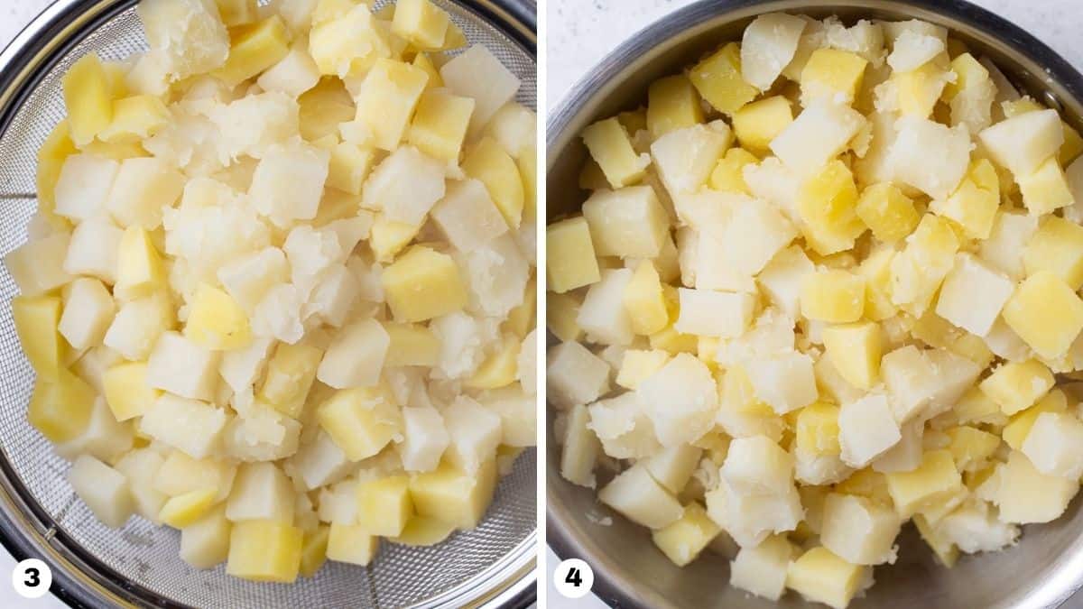 Cooked potatoes drained in a colander. 