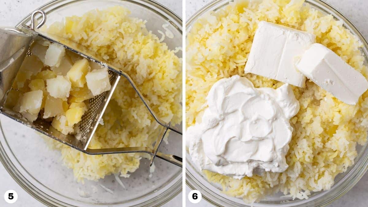 Cooked potatoes being riced into bowl with sour cream and cream cheese. 